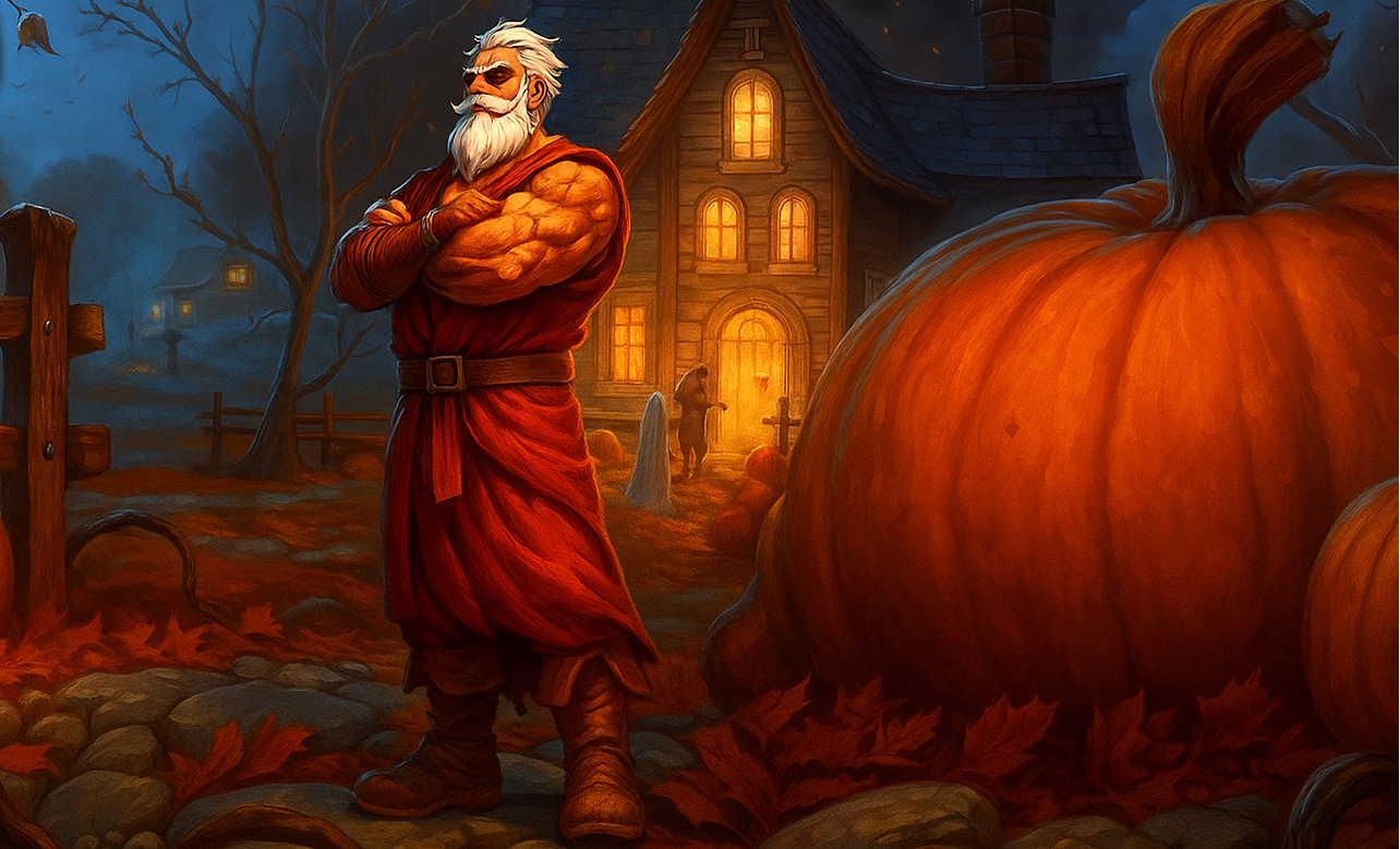 Man in red robe standing in a pumpkin patch with a haunted house in the background